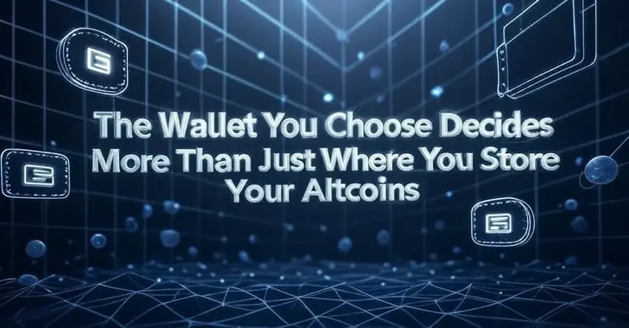 Creative image with the text 'The Wallet You Choose Decides More Than Just Where You Store Your Altcoins' in bold white font, set against a dark navy background with glowing gridlines, abstract blockchain particles, and digital wallet icons, designed in a sleek, modern, high-contrast, crypto-native style, ideal for a blog post about altcoin wallets.