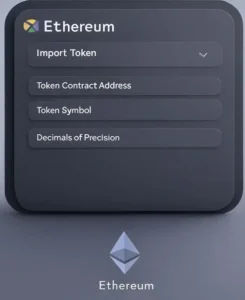 Stylized crypto wallet UI showing Ethereum network with fields for Import Token, Token Contract Address, Token Symbol, and Decimals of Precision.
