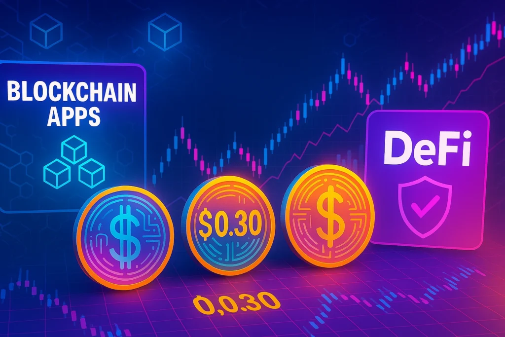 Illustration of DeFi altcoins under $1 with blockchain and token price chart background.