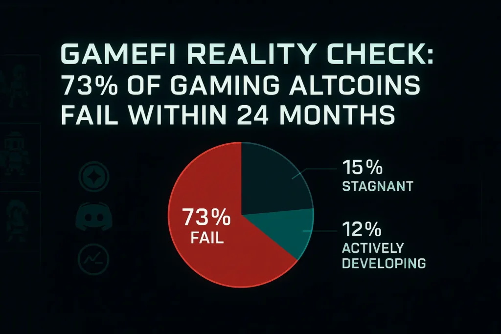 Infographic showing 73% failure rate of GameFi tokens based on 24-month lifespan data, with bar chart and Web3 gaming visuals.
