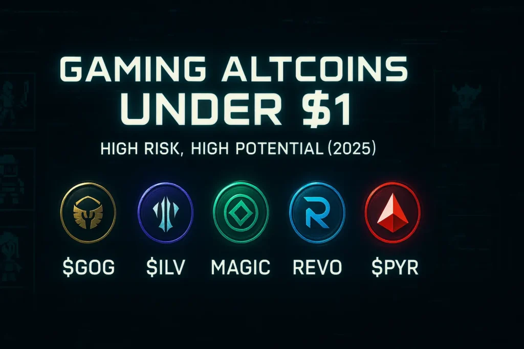Futuristic crypto gaming banner showing top gaming altcoins under $1 with token icons and holographic interface.