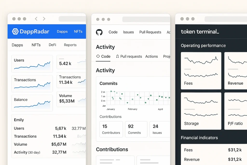Mockup showing crypto research tools DappRadar, GitHub, and Token Terminal used to verify real-world token utility and blockchain activity.