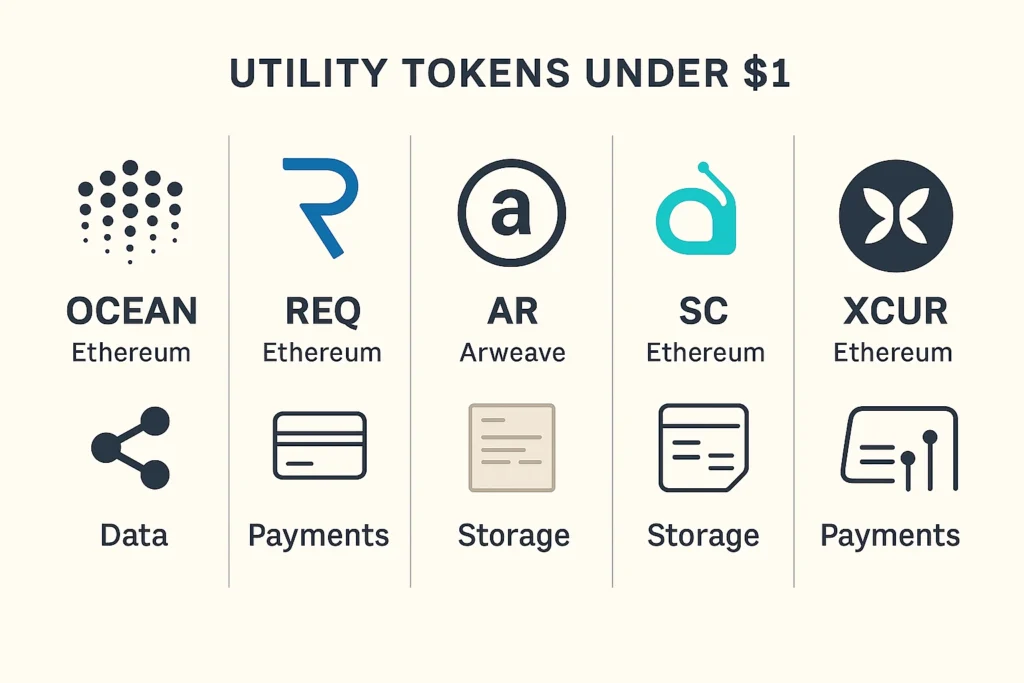 Infographic comparing five utility altcoins under $1 - OCEAN, REQ, Arweave, Siacoin, and Curate - with their core use cases and token tickers.