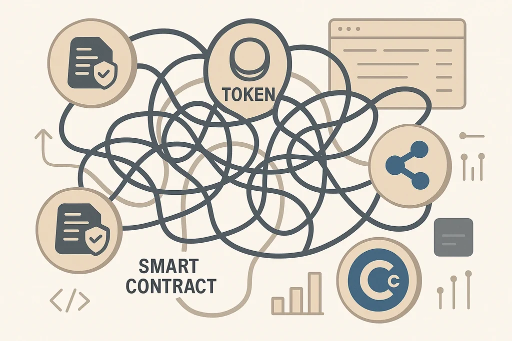 Concept art showing interconnected altcoin infrastructure and utility token networks representing complex blockchain ecosystems.