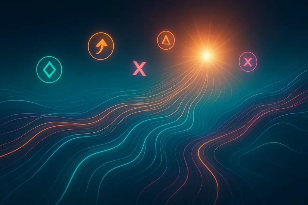 Stylized blockchain network with best altcoins under $1 symbols glowing over a rising sun.