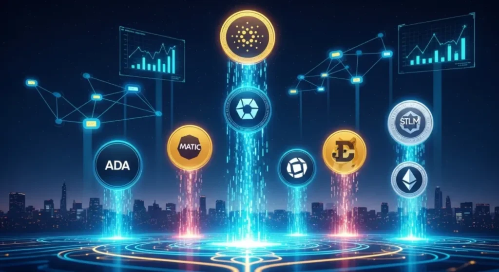 Hero image of altcoins under $1 in 2025 rising from a blockchain network, symbolizing growth and investment potential.