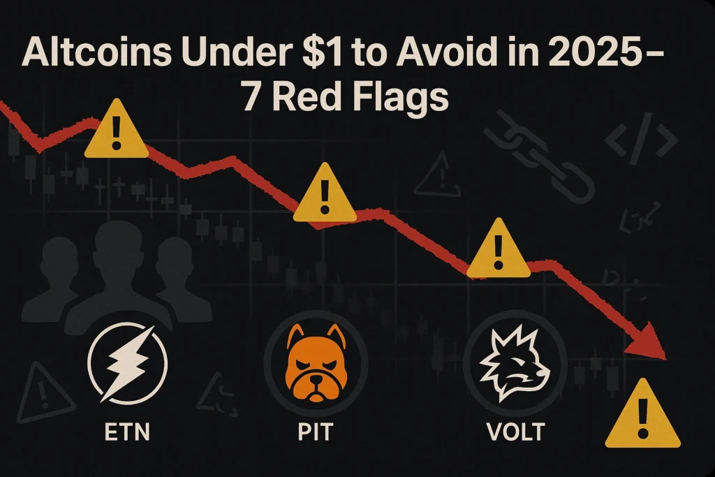 Feature image suggesting 7 red flags for altcoins under $1 to avoid in 2025.