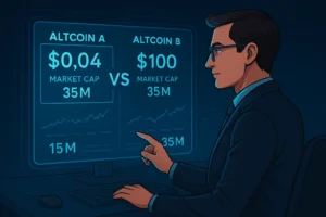Retail investor evaluating altcoins under $1 for undervaluation compared to high-priced tokens.