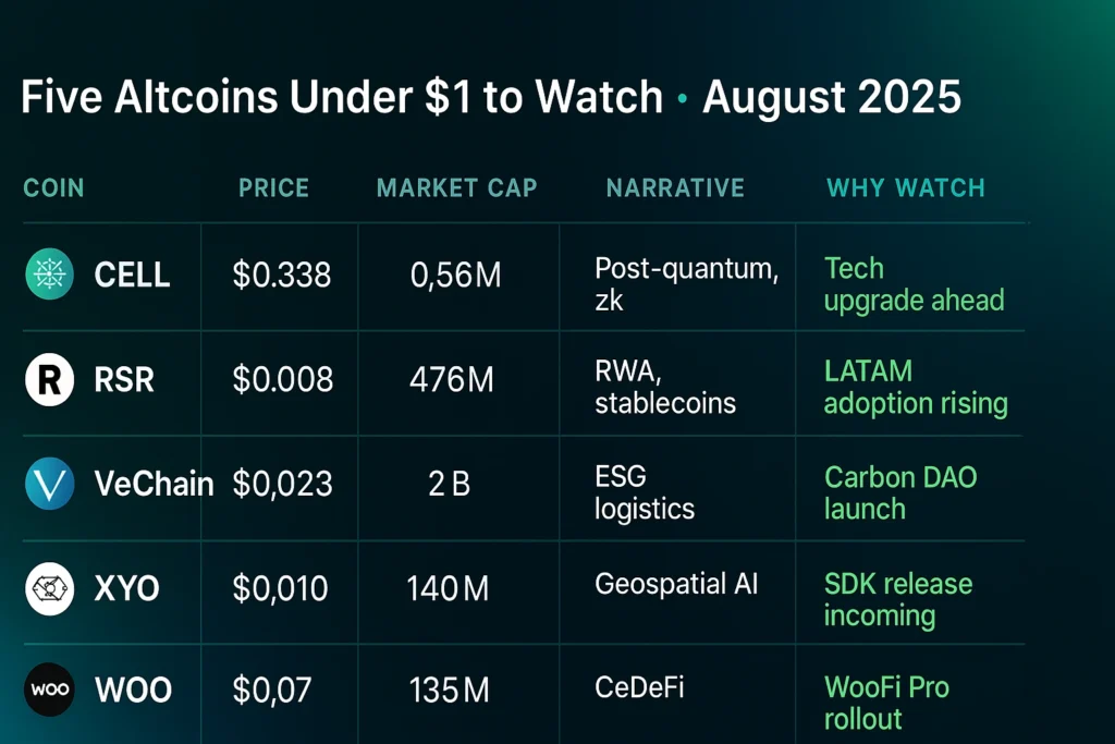 Infographic summarizing five best altcoins under $1 with prices, market cap, and catalysts.