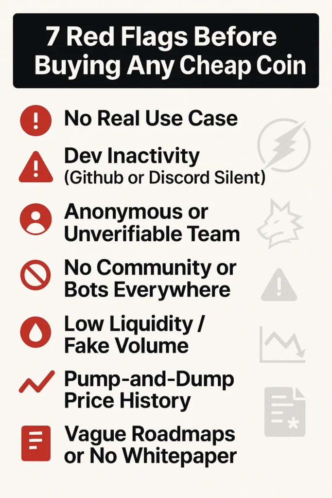 Infographic showing 7 red flags before buying any cheap altcoin under $1.