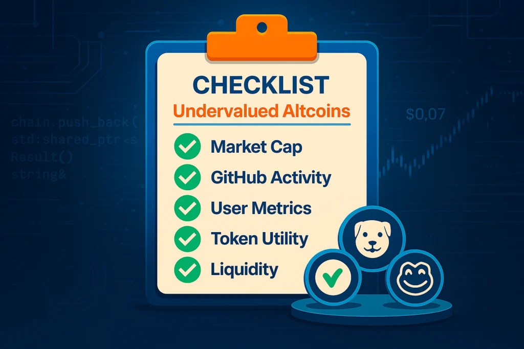 Checklist showing five key criteria to evaluate undervalued altcoins under $1.