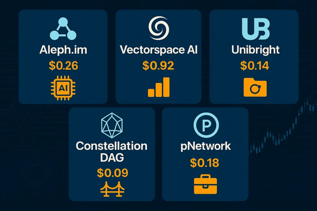 Infographic of five undervalued altcoins under $1 with utility use cases and token prices.