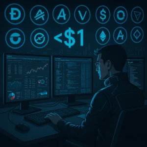 Crypto researcher analyzing how to find altcoins under $1 using data tools and metrics.