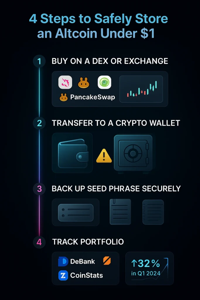 Infographic showing 4 steps to safely store altcoins under $1: buy on a DEX, transfer to wallet, backup seed phrase, and track portfolio securely.