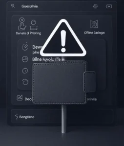 Caution-themed graphic for a crypto blog post on altcoin management, featuring icons for phishing, blind approvals, and offline backups, alongside a secure wallet interface and warning labels, designed in a high-contrast charcoal gray dark theme with a modern, minimal style, showing clear text for readability.