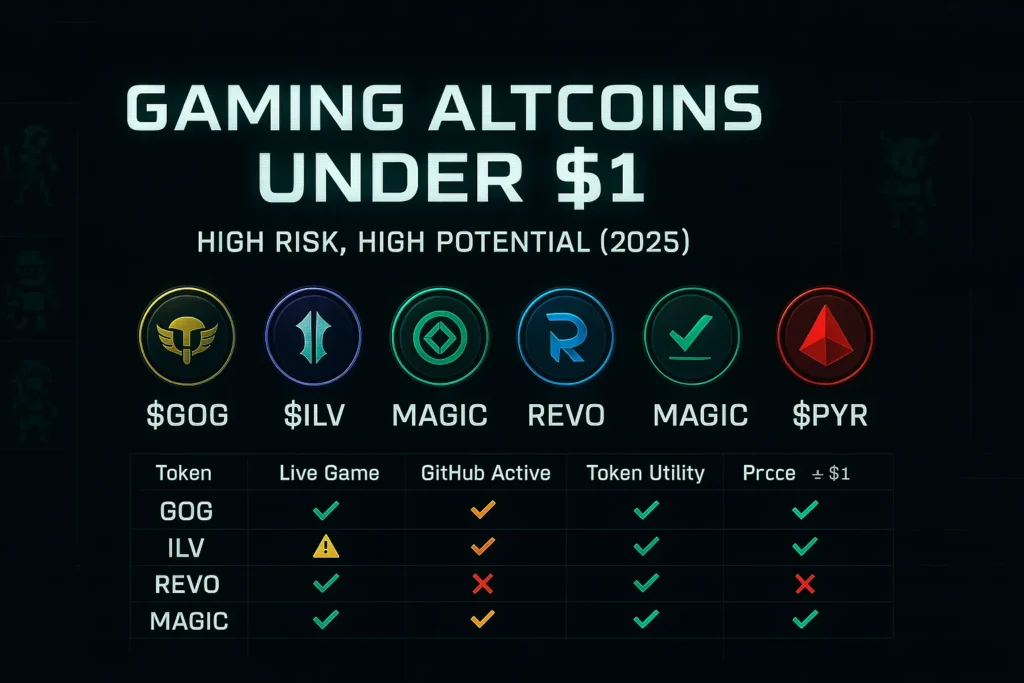 Comparison chart showing five gaming altcoins under $1 screened by gameplay, developer activity, token utility, and community strength.
