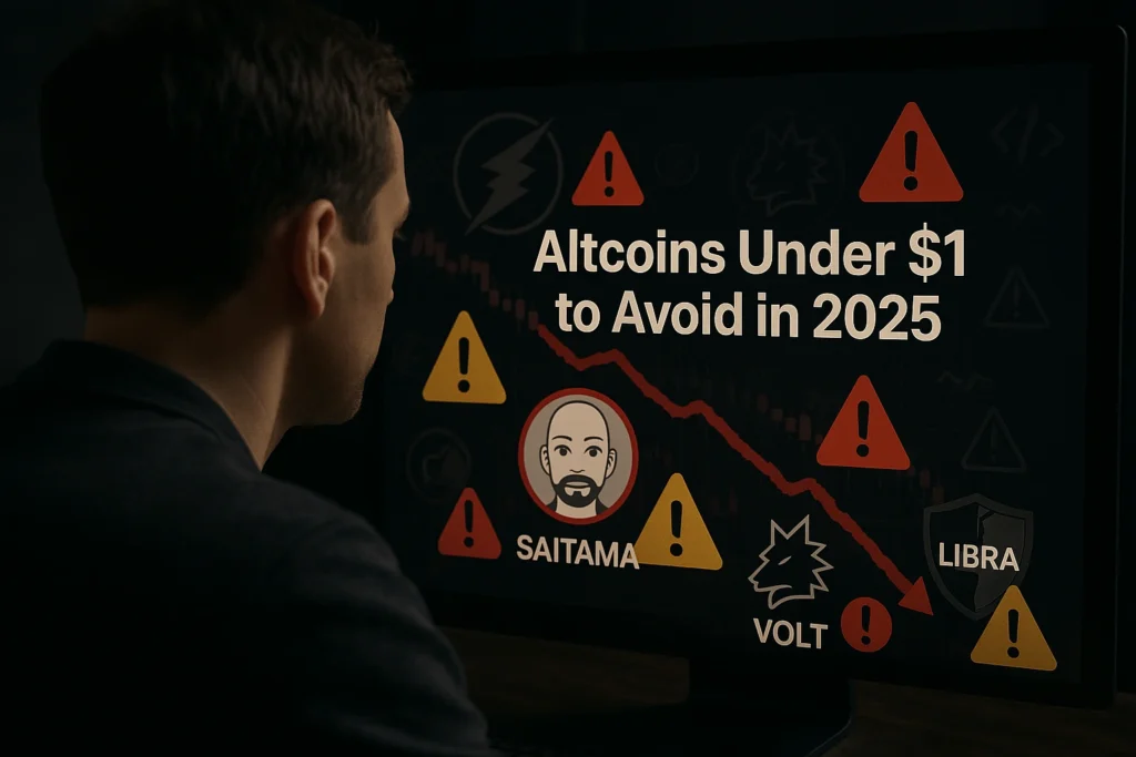 An inverster sitting infront of screen looking at altcoins under $1 to avoid in 2025.