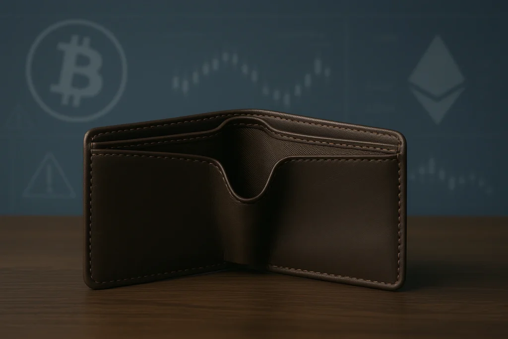 emplty wallet with crypto theme in the backgroun signifing altcoins under $1 to avoid.
