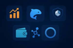Icons representing crypto tools and apps including portfolio trackers, wallets, security platforms, analytics, and DeFi access tools.
