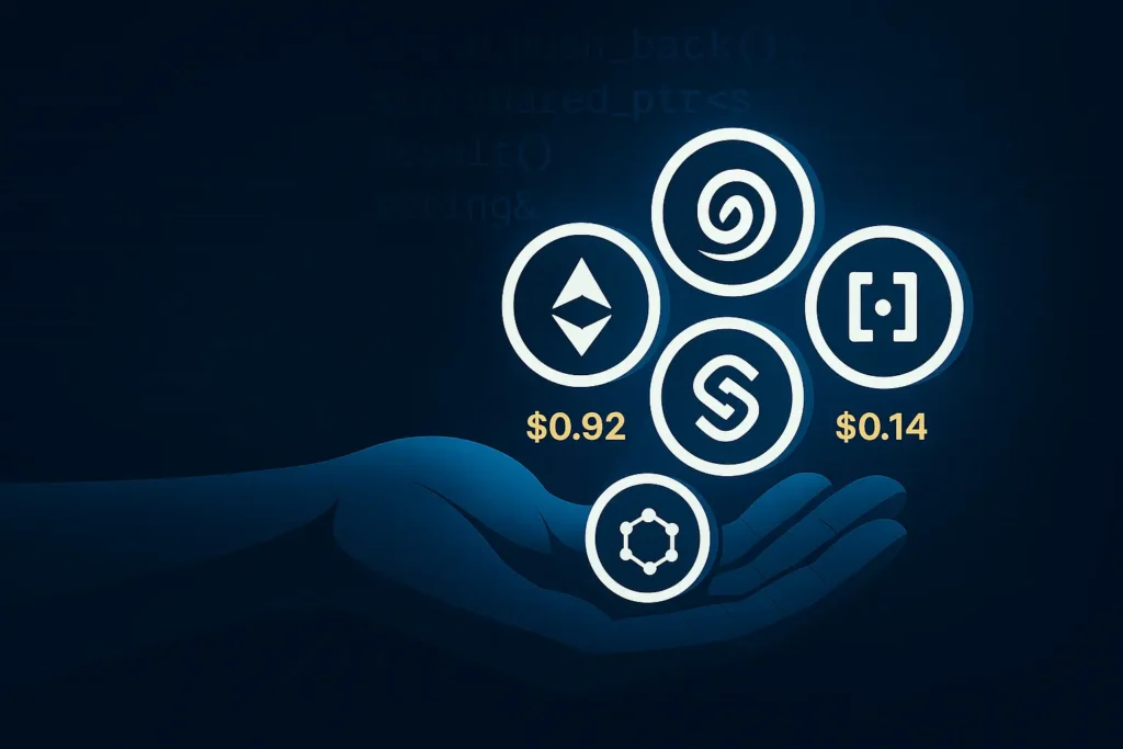 a digital hand holding undervalued altcoins under $1