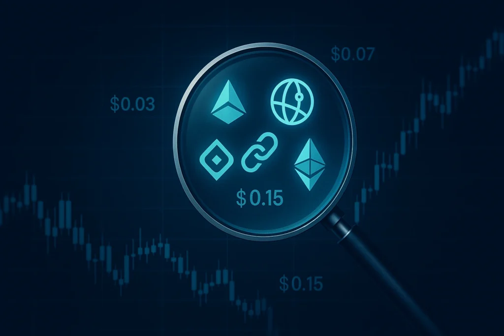 Magnifying glass highlighting low-priced undervalued altcoins with market charts in the background.