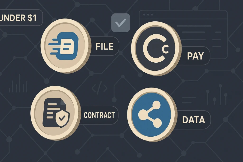 Illustration of utility altcoins under $1 powering blockchain use cases like file storage, payments, and smart contracts on a decentralized network.