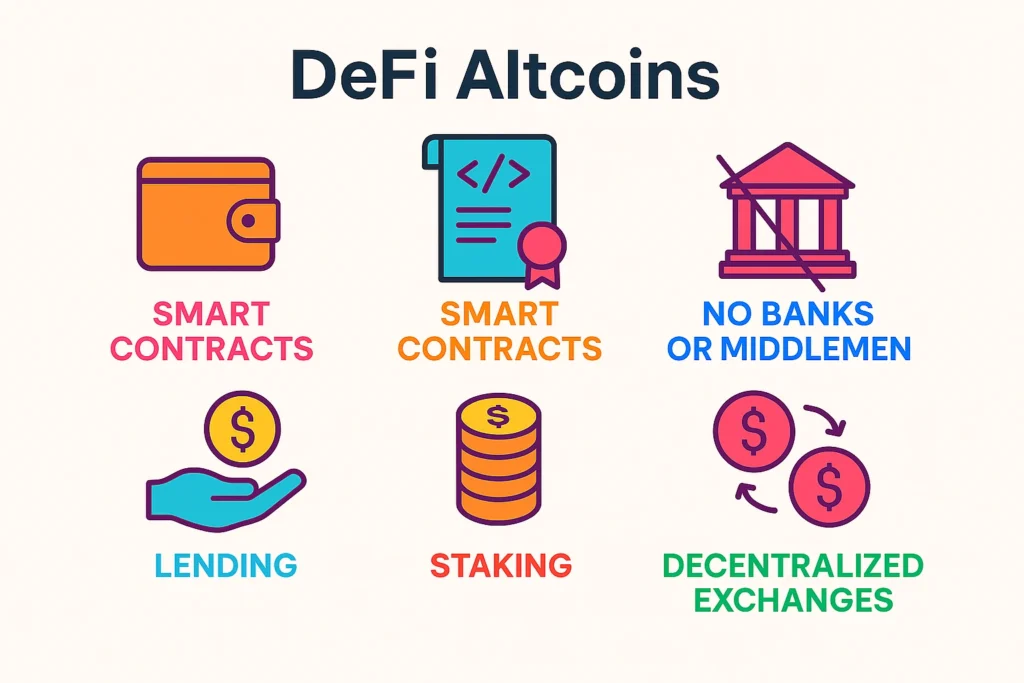 Infographic explaining how DeFi altcoins work without intermediaries using smart contracts.