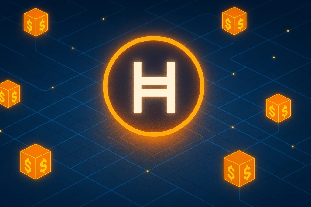 Hedera staking overview with validator nodes and blockchain background