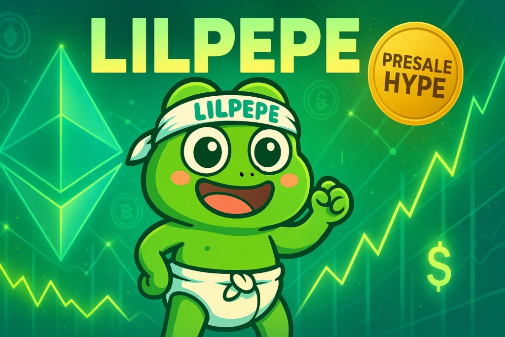 Vibrant meme-style image of LilPepe frog mascot wearing a 'LILPEPE' headband and diaper, celebrating crypto presale hype with Ethereum logo, rising chart line, dollar signs, and a golden 'Presale Hype' badge — ideal for promoting altcoin launches and Layer-2 blockchain projects.