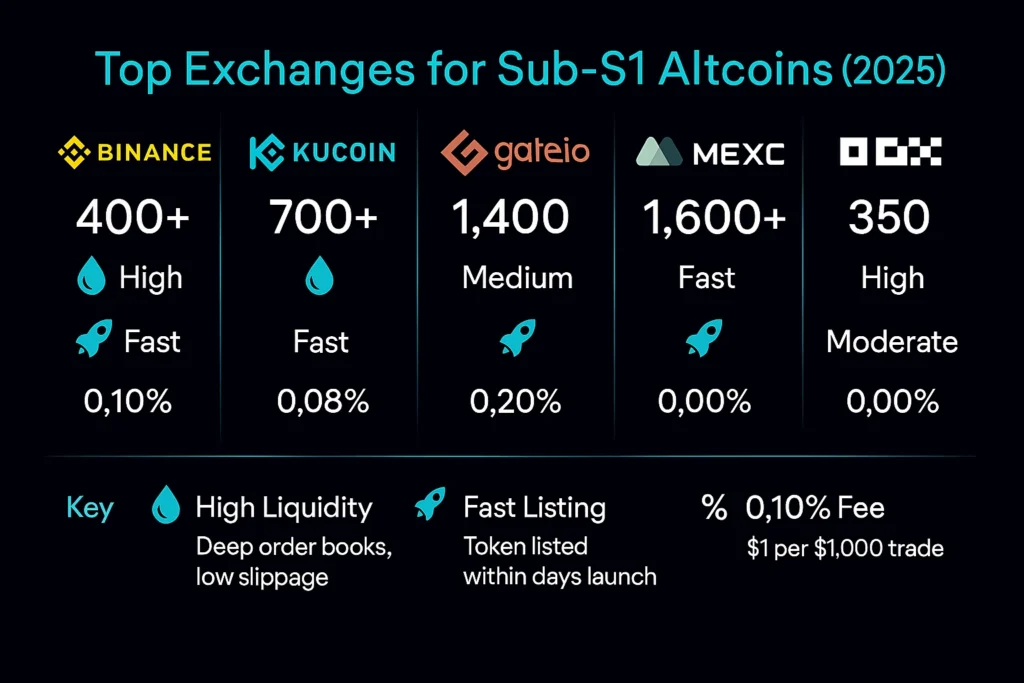 Comparison of Binance, KuCoin, Gate.io, MEXC, and OKX for altcoins under $1