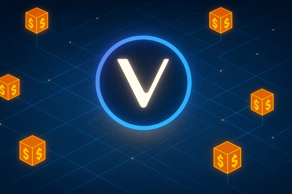 VeChain staking overview with validator nodes and blockchain background