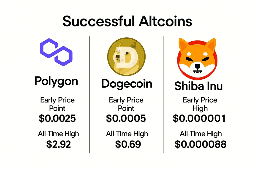Polygon, Dogecoin, and SHIB altcoin price growth from under $1 to peak.