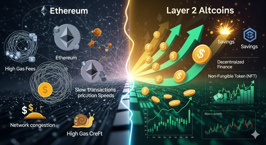 Illustration of benefits of layer 2 altcoins including lower fees, faster speeds, and DeFi growth in 2025.