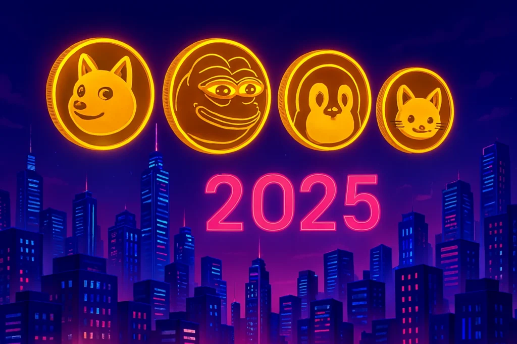 Best meme coins to watch 2025 - futuristic digital skyline with meme coin symbols