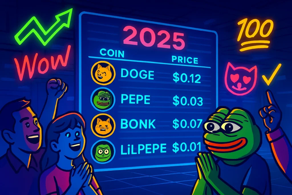 Best meme coins to watch 2025 under $1 illustrated with Doge, Pepe, Bonk, and LILPEPE tokens