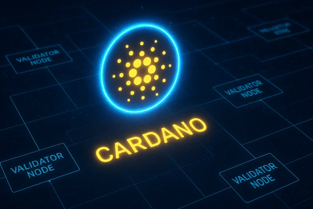Cardano (ADA) staking overview with validator nodes and blockchain background.