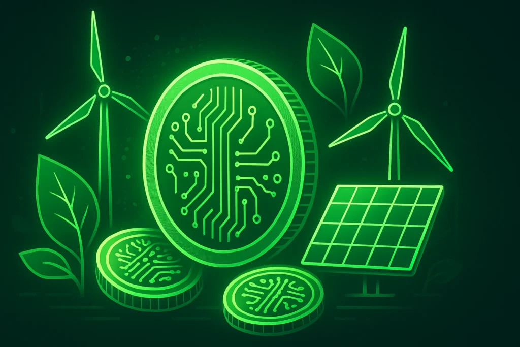Eco-friendly altcoins with renewable energy symbols and blockchain technology illustration