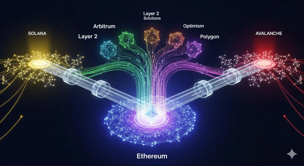 Futuristic illustration of cross-chain adoption with Layer 2 altcoins.