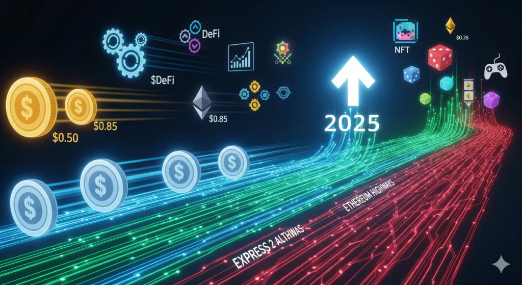 Futuristic illustration of layer 2 altcoins as express lanes on a blockchain network, boosting scalability for Ethereum in 2025