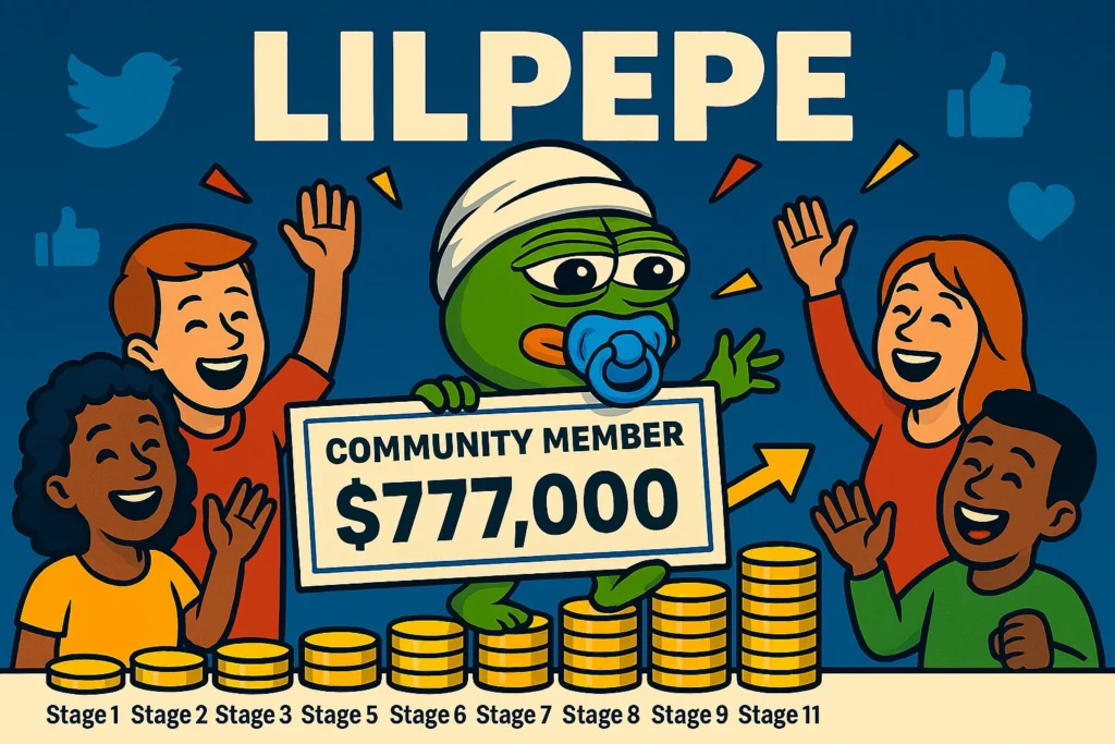 LILPEPE mascot promoting $777K giveaway with cheering crypto community.