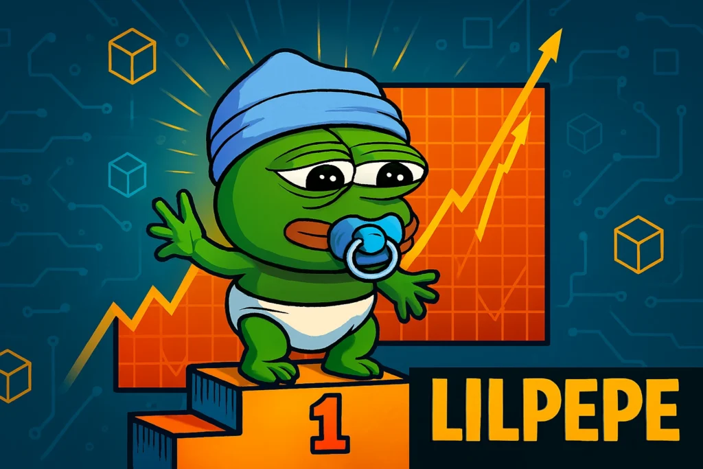 LILPEPE presale hype mascot standing before rising crypto chart in a Layer-2 blockchain themed scene.