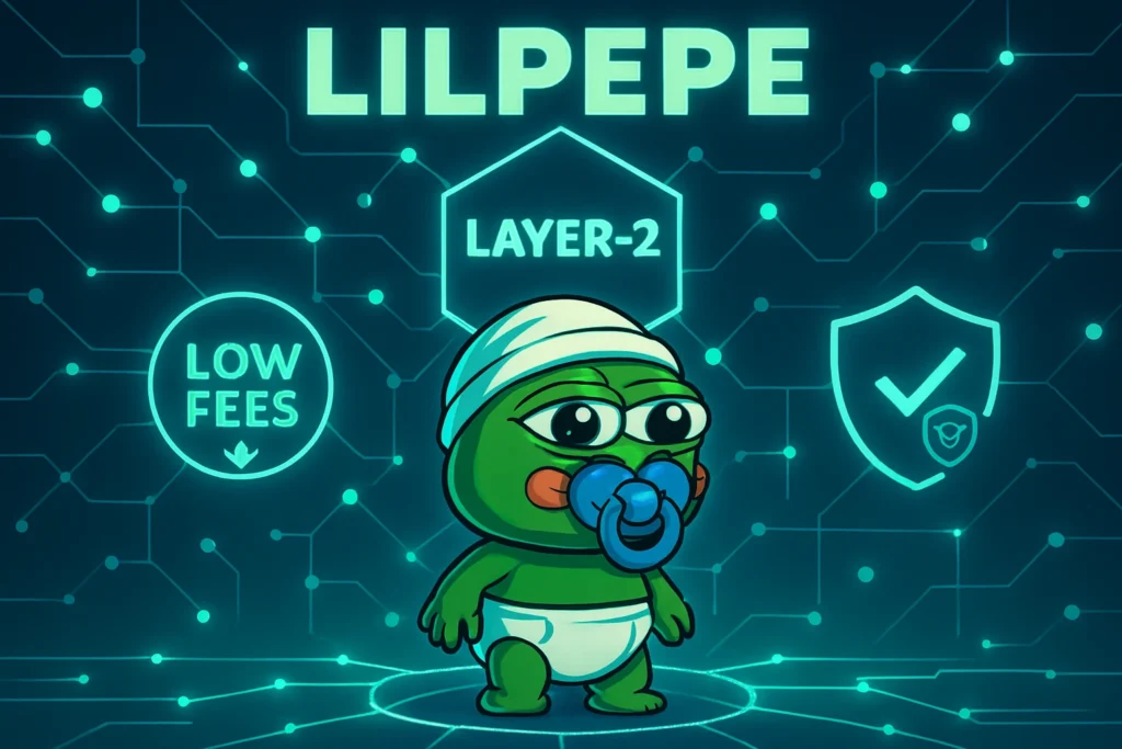 LILPEPE mascot inside Layer-2 blockchain network with low fees and anti-bot protections.