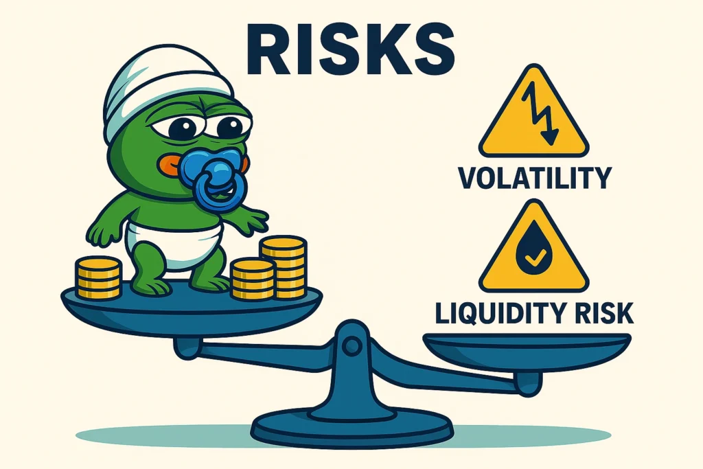 Balanced scale showing LILPEPE mascot weighed against crypto risks like volatility and liquidity.