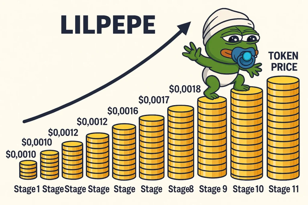 LILPEPE presale hype stages infographic with mascot climbing coin staircase from Stage 1 to Stage 11.