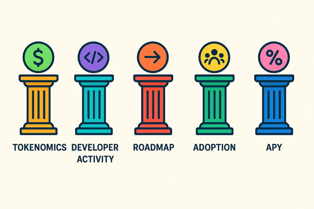 Methodology for evaluating staking altcoins under $1 – tokenomics, developer activity, roadmap, adoption, and APY.