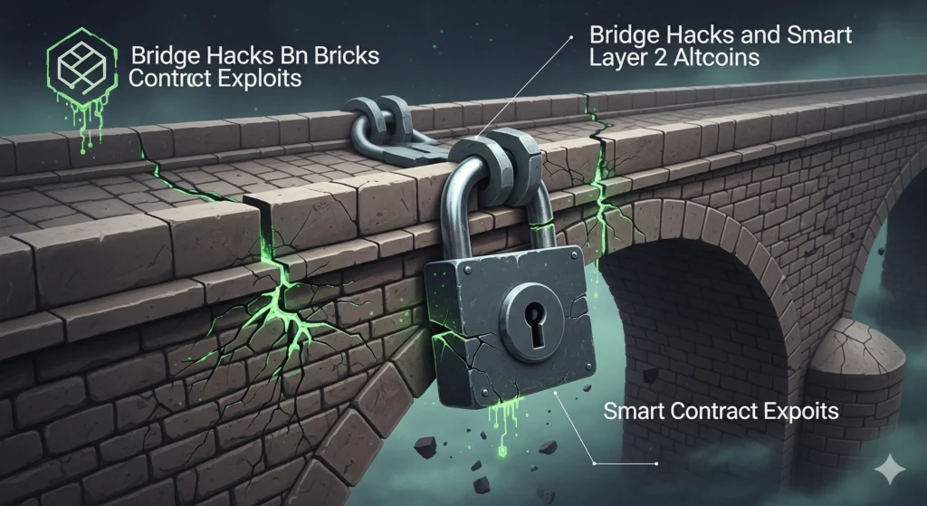 Illustration showing bridge and smart contract risks in Layer 2 altcoins.
