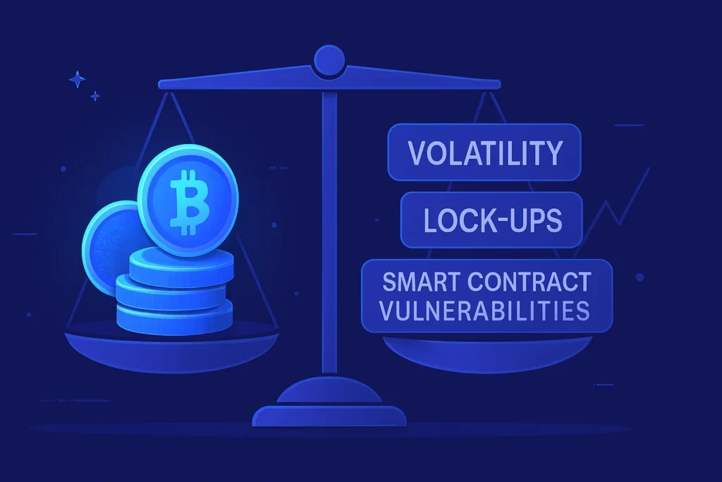 Risks of staking altcoins under $1 – scale balancing rewards and risks like volatility and custody.