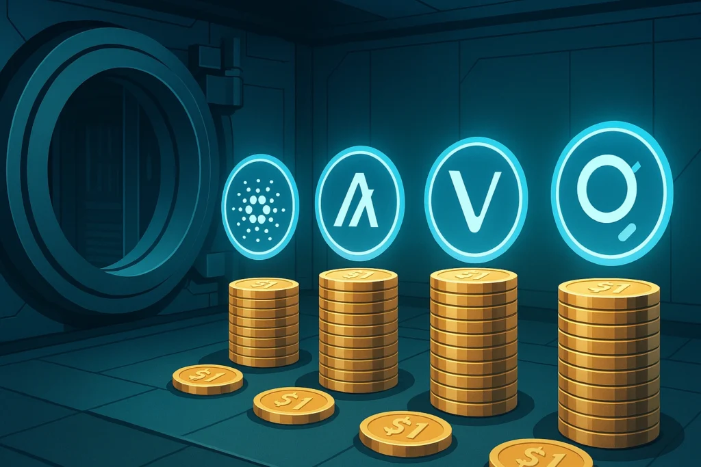 Staking altcoins under $1 – crypto vault with ADA, ALGO, HBAR, VET, and GRT symbols glowing.