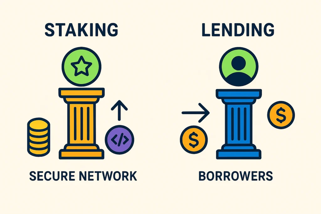 Comparison of staking vs lending in crypto with simple diagram.