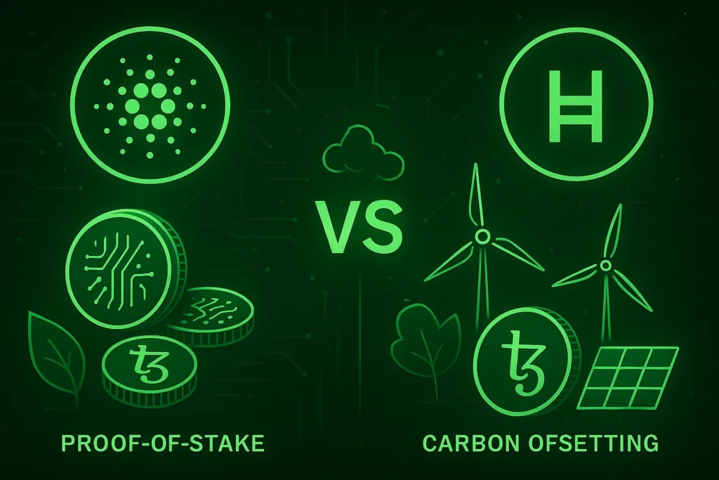 Top eco-friendly altcoins including Cardano, Algorand, Hedera, Tezos, and Stellar